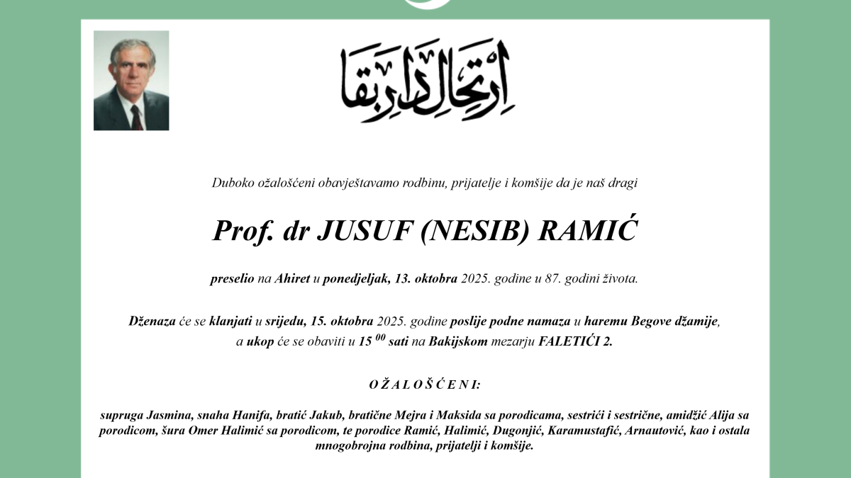 Prof. dr. Jusuf Ramić preselio na ahiret jutros u Sarajevu